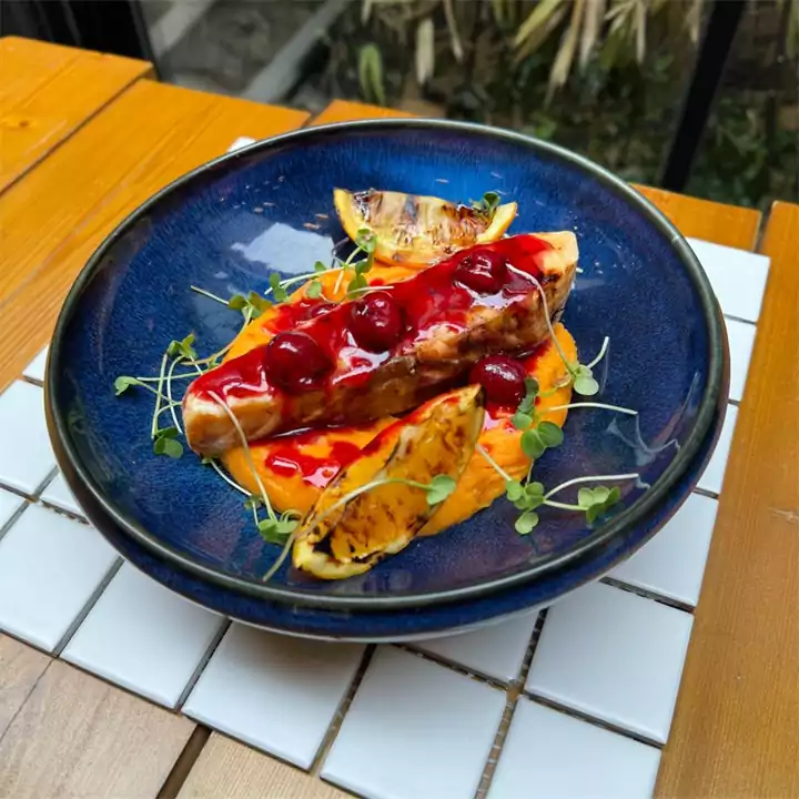 Salmon Steak, Sweet Potato Puree , Cherries at Grafika